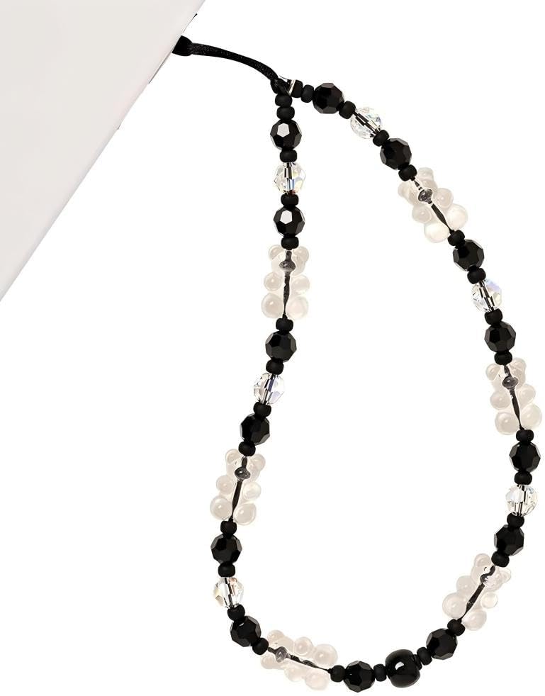 WCCH Beaded Phone Charm Y2K Kawaii Handmade Acrylic Phone Lanyard Wrist Strap for Camera Bag Airpods Keychain Charm Black and White Small Bear - Image 1